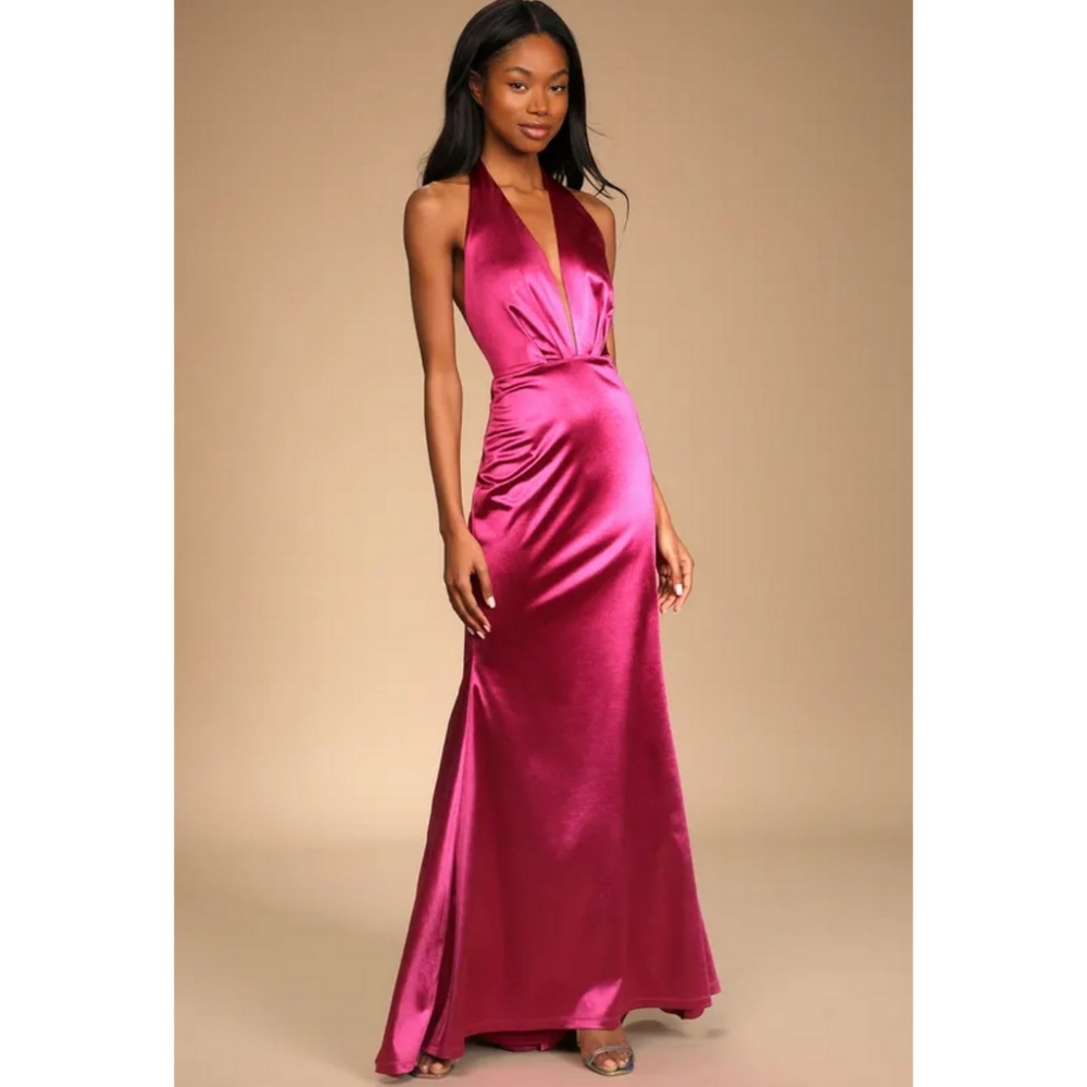 COPY - LULUS Beguiling Beauty Magenta Satin Halter Mermaid Maxi Dress Small